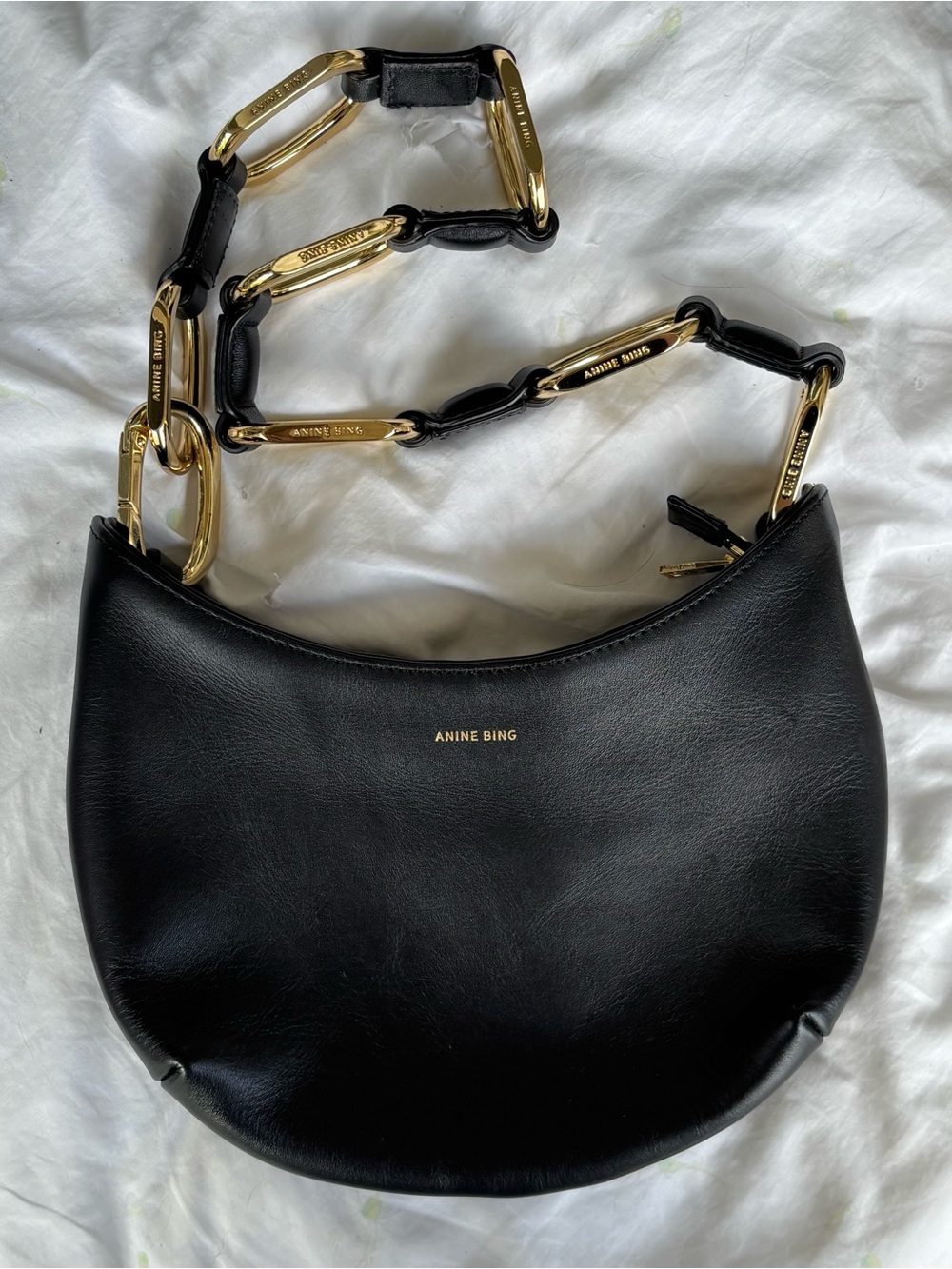RARE ANINE BING Black Leather Crescent Shoulder Bag with Gold Chain